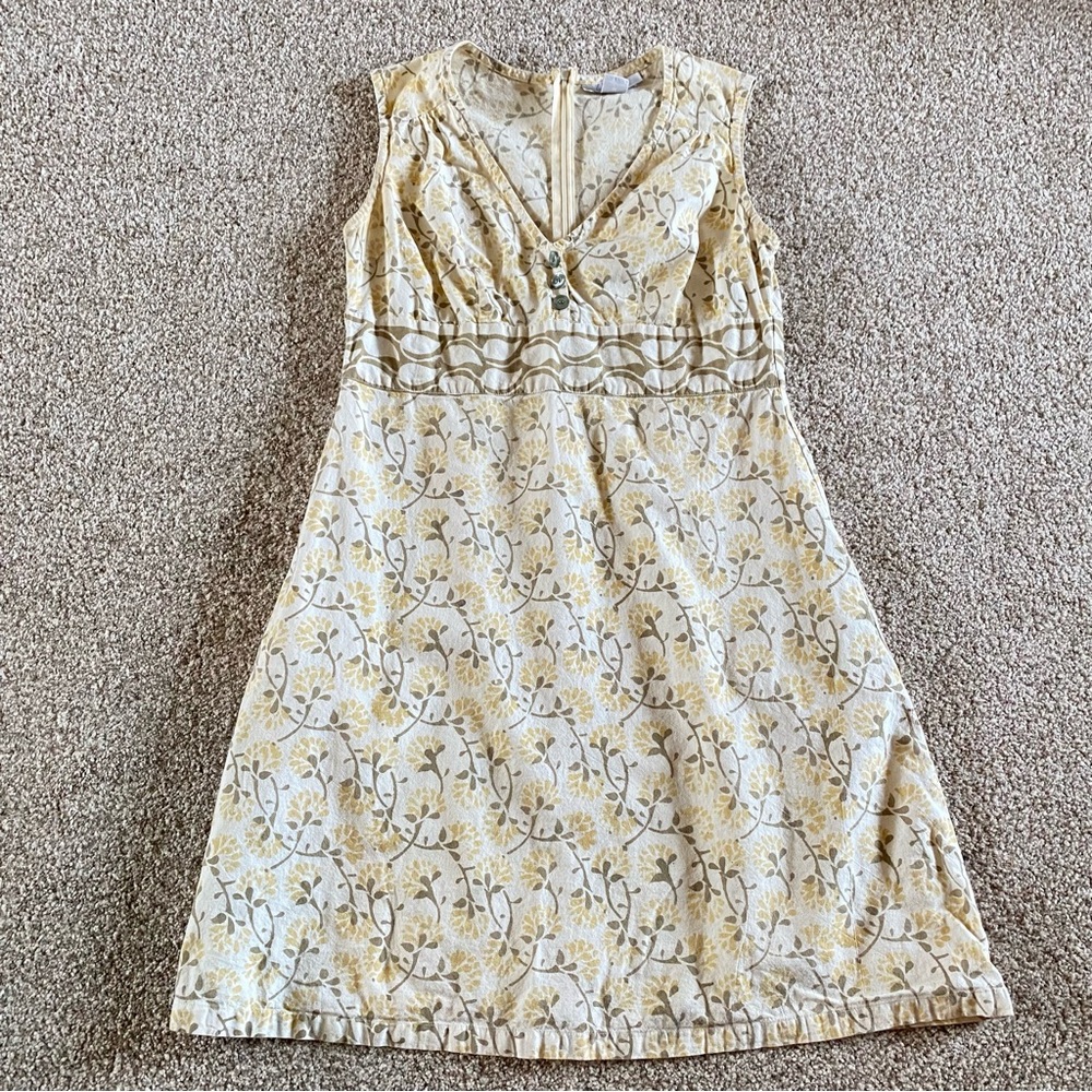 Passion Lilie Cotton Sundress, Medium, Yellow Tan Midi Floral Spring Pockets EUC